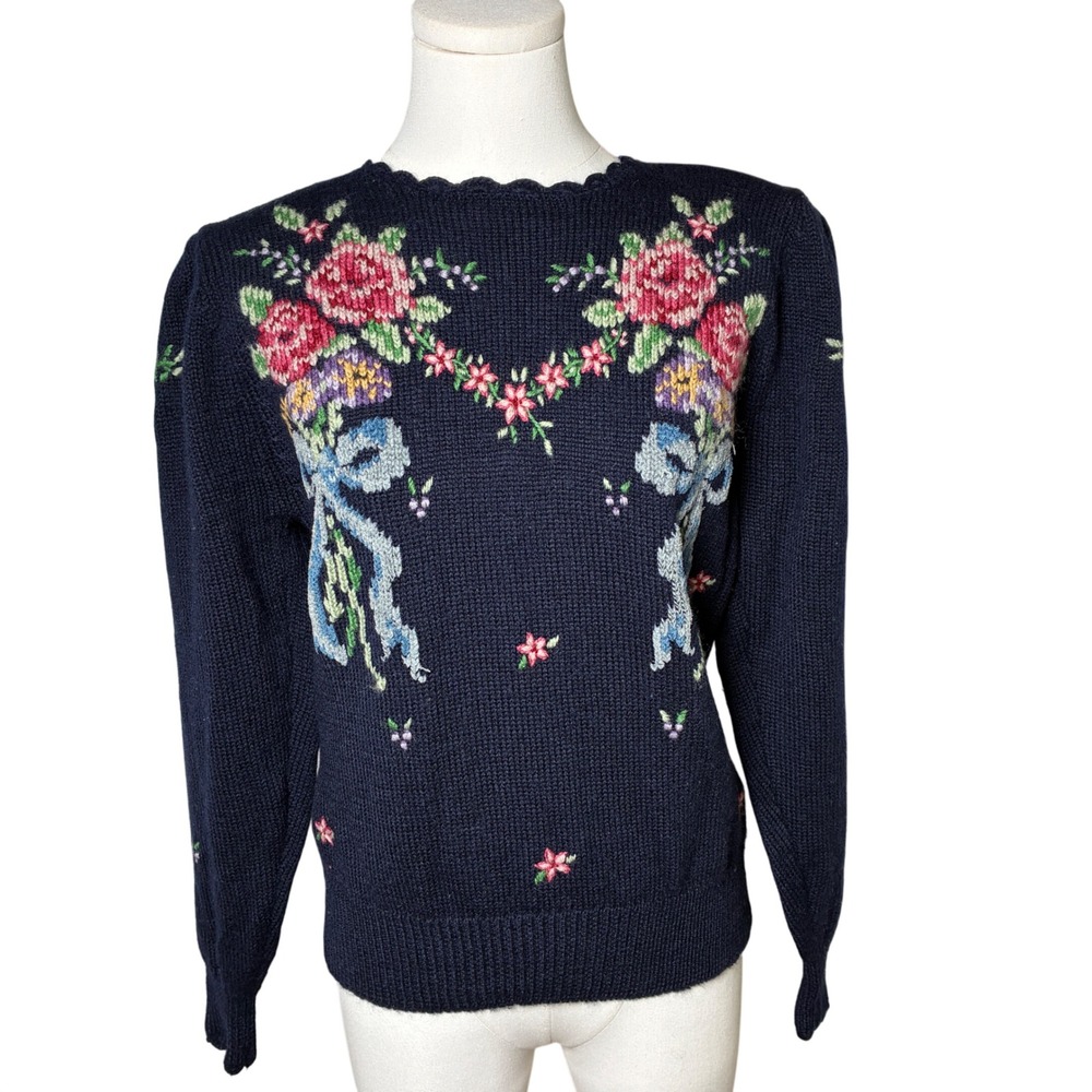 Vintage Hand Embroidered Floral Wool Sweater Navy Herman Geist Mediu